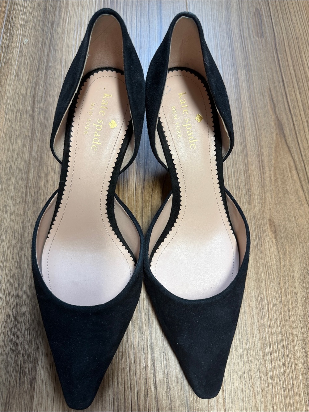Kate Spade Black Suede Pointed-Toe D'Orsay Pumps with Embellished Heel - Picture 3 of 5